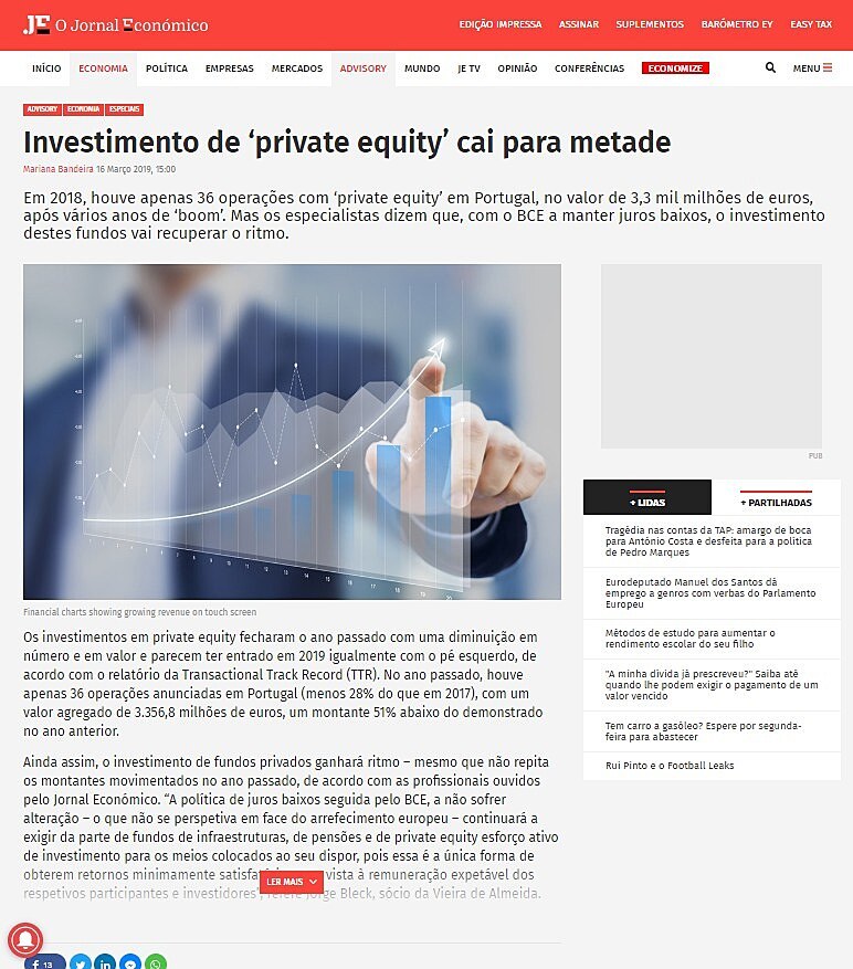 Investimento de private equity cai para metade